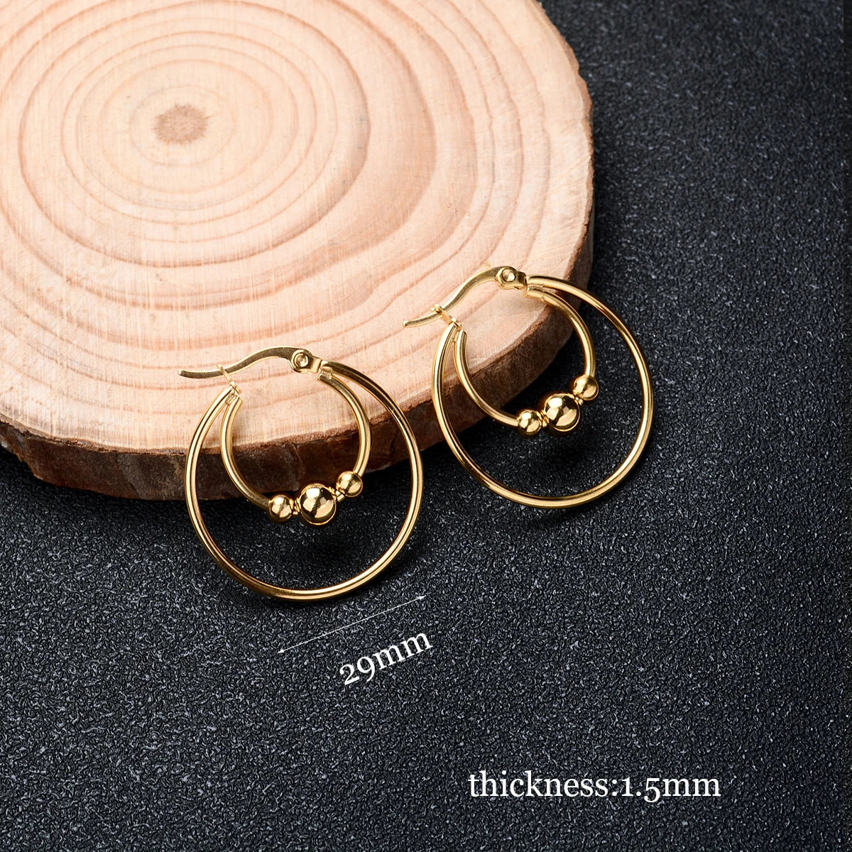 2Pc Stainless Steel Exaggerated Round Bead Hoop Earring Women Men Smooth Design Vintage Double Rings Earring Personality Jewelry