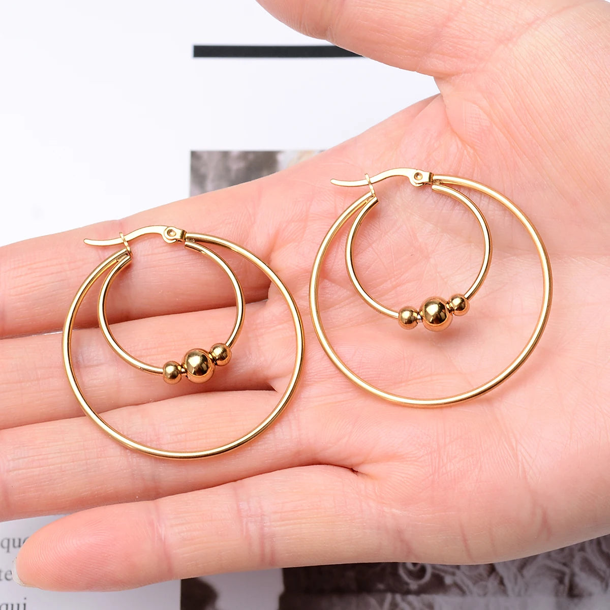 2Pc Stainless Steel Exaggerated Round Bead Hoop Earring Women Men Smooth Design Vintage Double Rings Earring Personality Jewelry