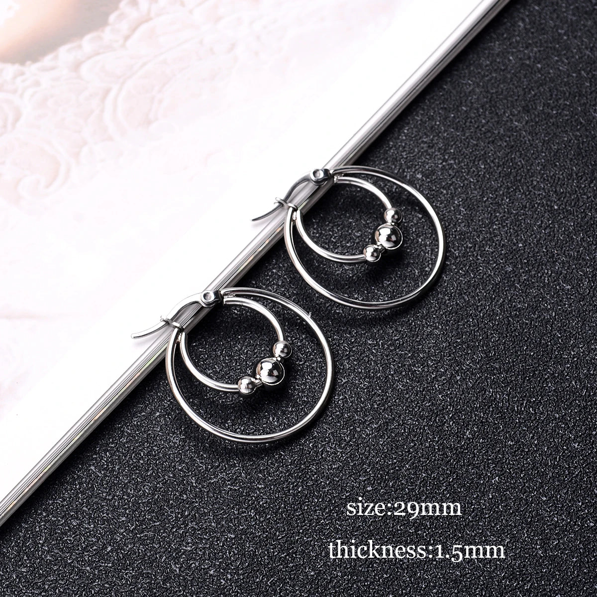 2Pc Stainless Steel Exaggerated Round Bead Hoop Earring Women Men Smooth Design Vintage Double Rings Earring Personality Jewelry