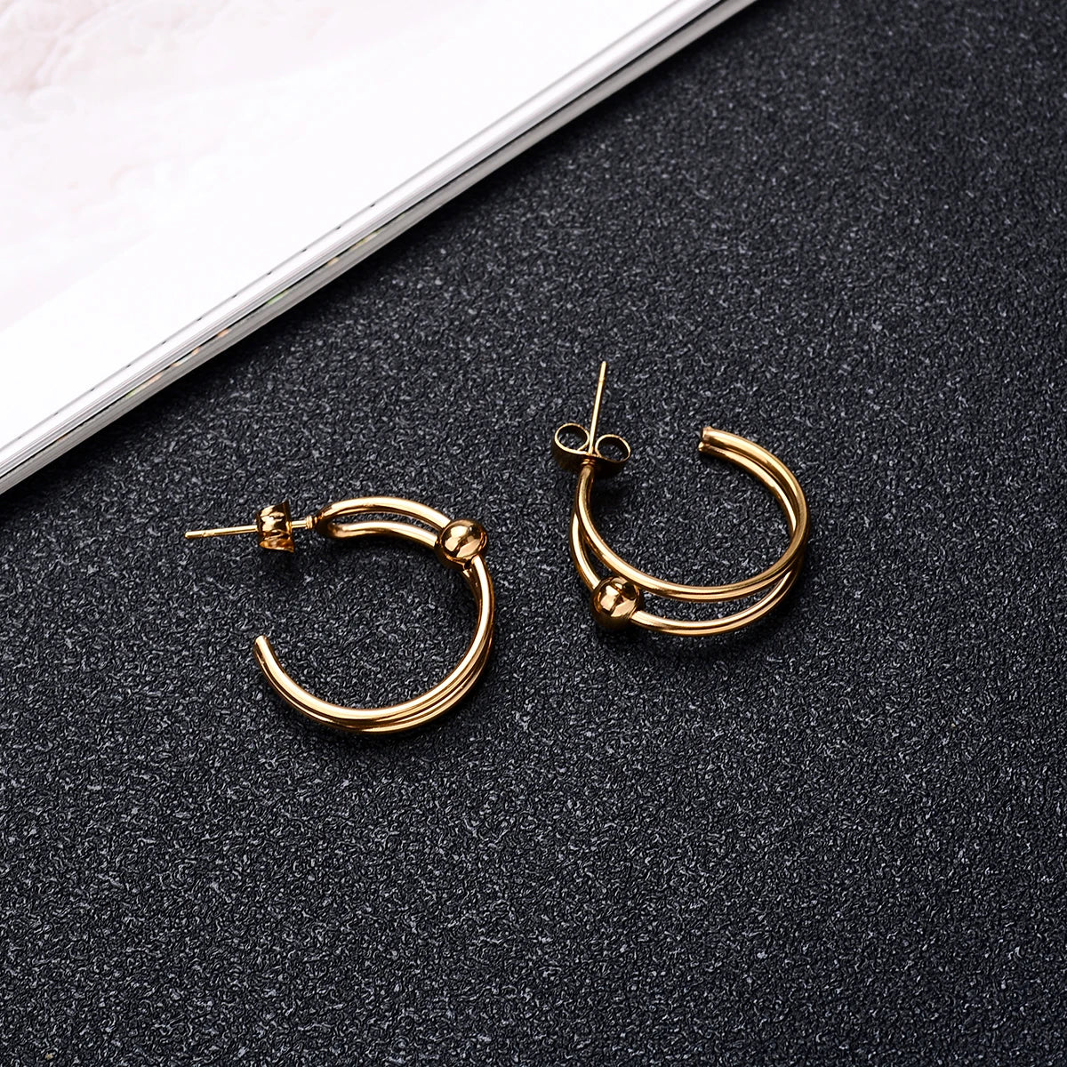 2Pc Stainless Steel Exaggerated Round Bead Hoop Earring Women Men Smooth Design Vintage Double Rings Earring Personality Jewelry