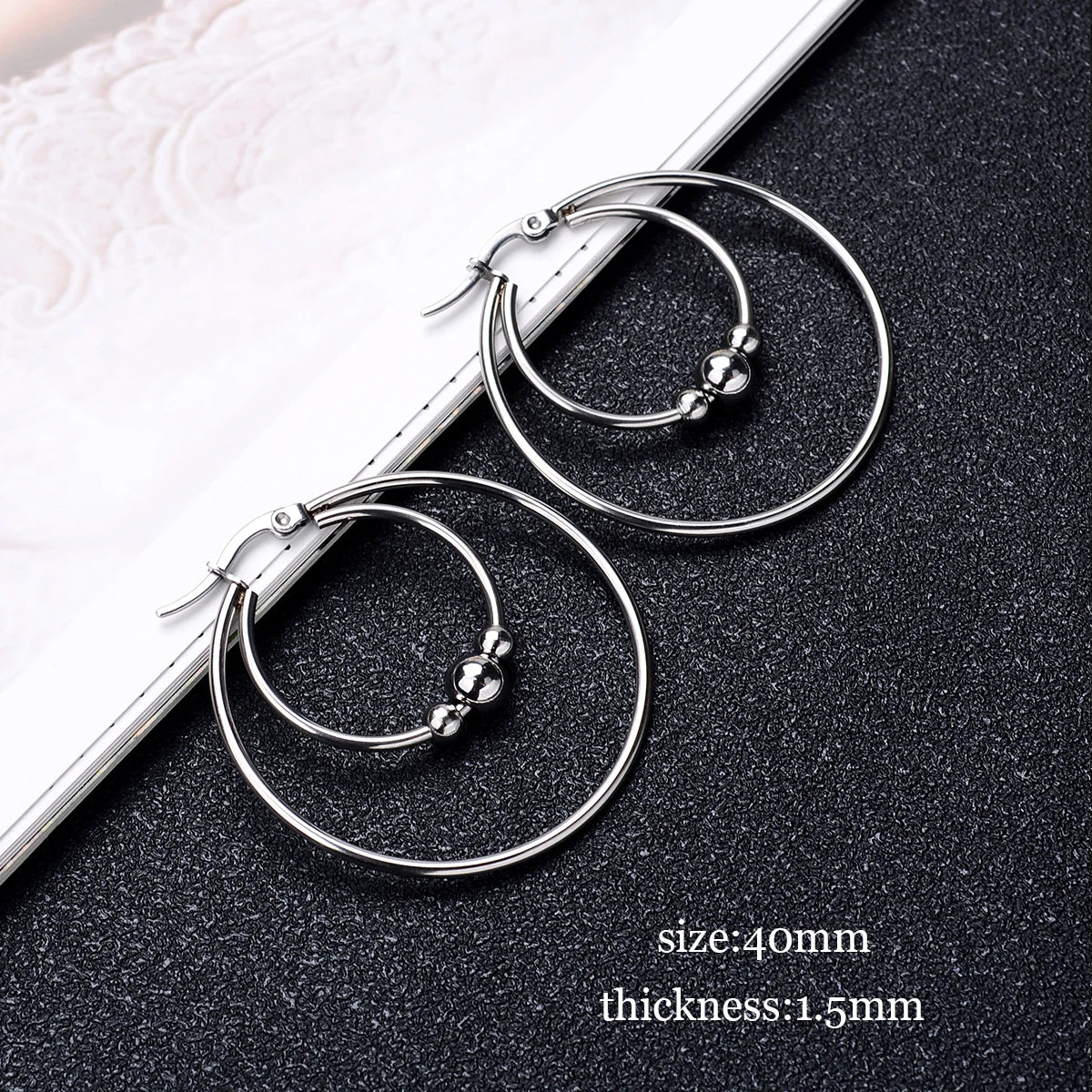 2Pc Stainless Steel Exaggerated Round Bead Hoop Earring Women Men Smooth Design Vintage Double Rings Earring Personality Jewelry