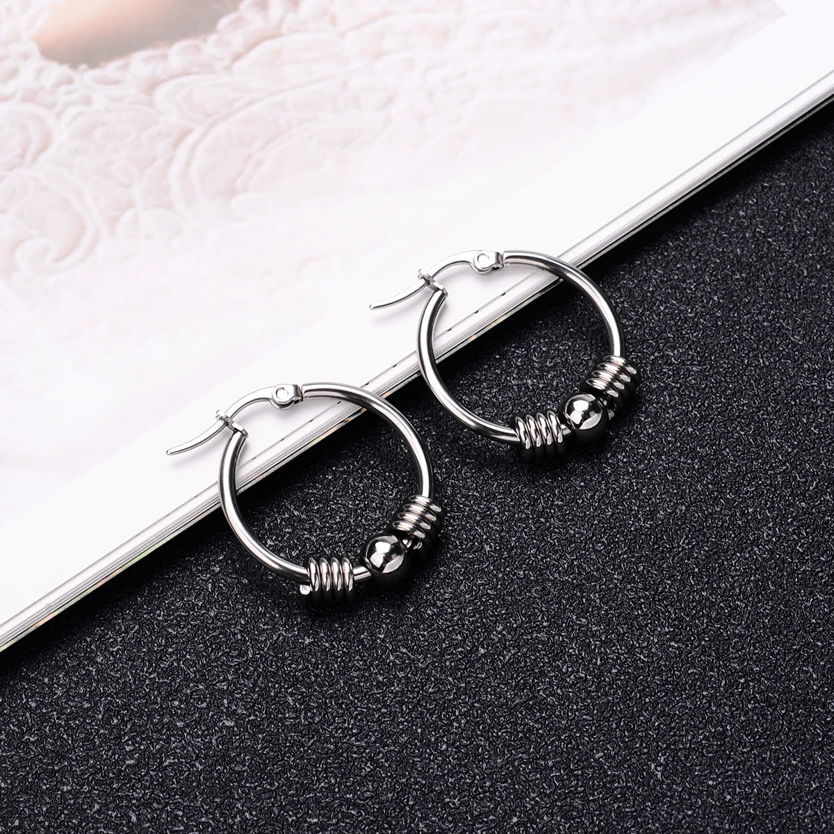 2Pc Stainless Steel Exaggerated Round Bead Hoop Earring Women Men Smooth Design Vintage Double Rings Earring Personality Jewelry