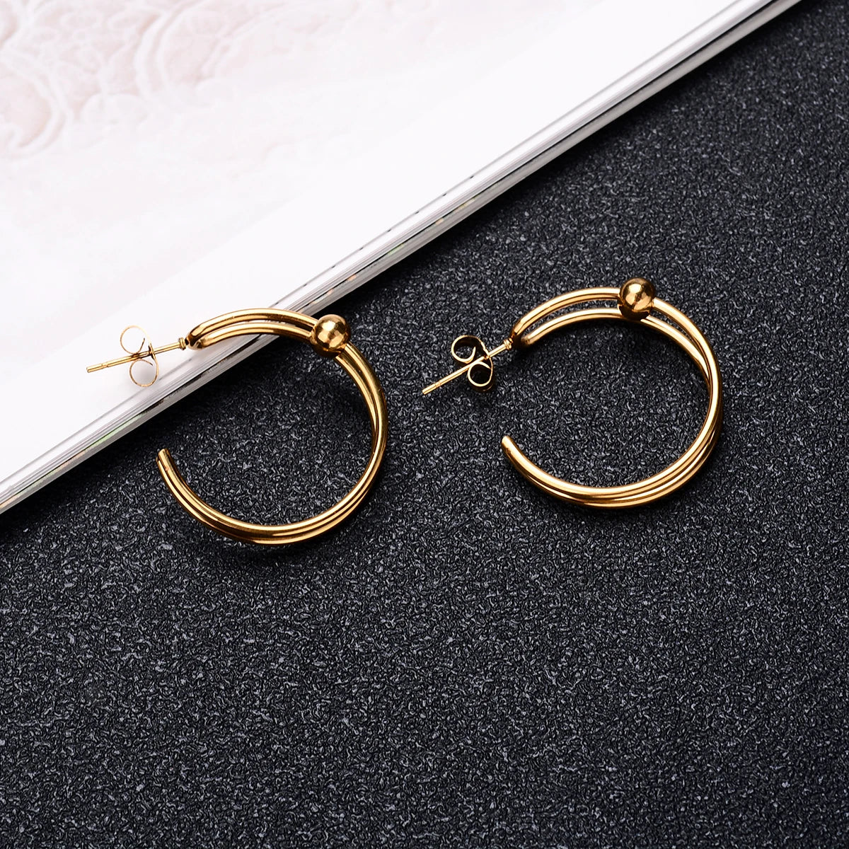 2Pc Stainless Steel Exaggerated Round Bead Hoop Earring Women Men Smooth Design Vintage Double Rings Earring Personality Jewelry