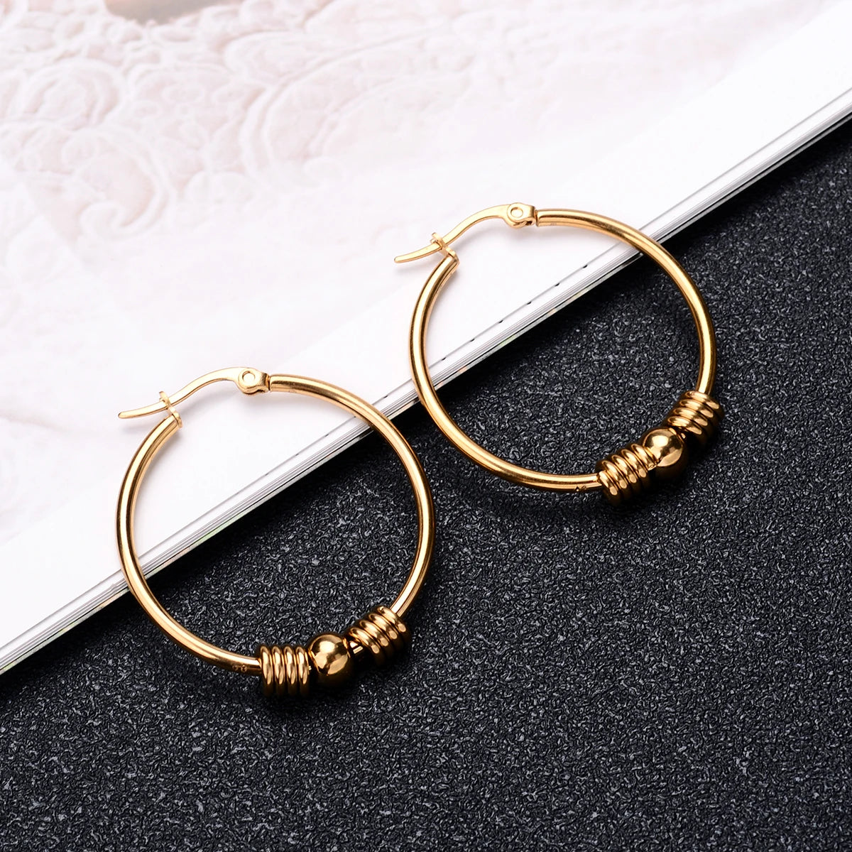 2Pc Stainless Steel Exaggerated Round Bead Hoop Earring Women Men Smooth Design Vintage Double Rings Earring Personality Jewelry