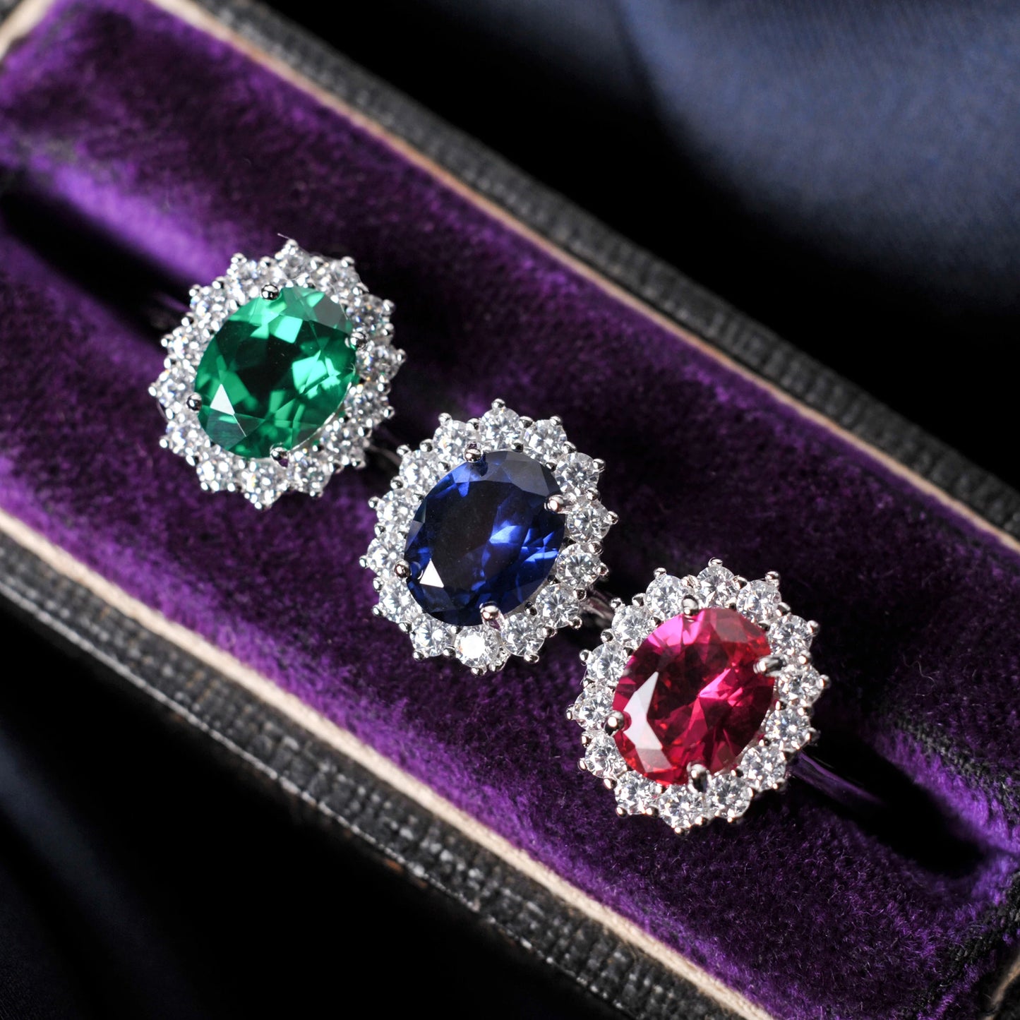 Potiy Halo Rings for Women Created Blue Sapphire Nano Emerald Red Ruby Princess Diana