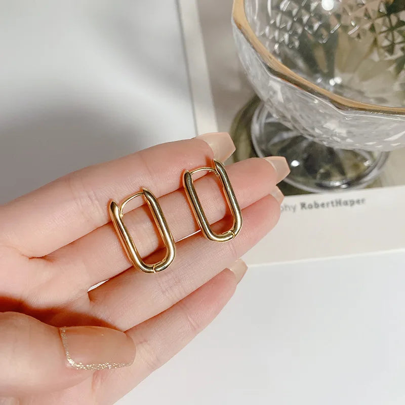 Creative Geometric Paper Clip U Shape Ear Buckle Hoops with Thread Geometric Hollow Drop Statement Earrings for Women