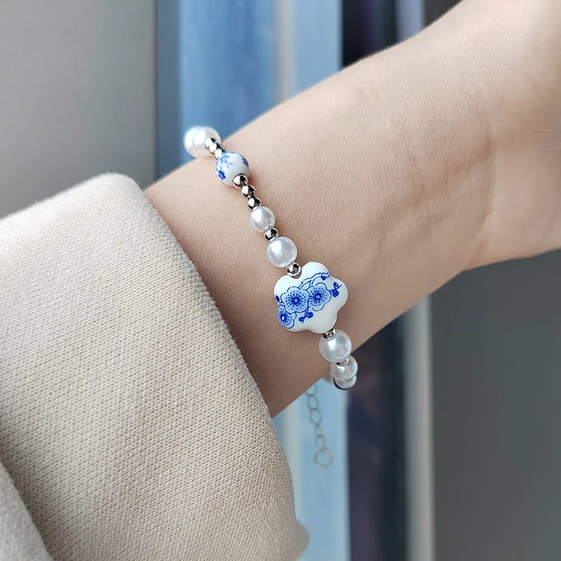 Adjustable Pearl Blue White Beaded Bracelets for Girls Ceramics Flower Pendant Charm Bracelets Pottery and Porcelain Jewelry