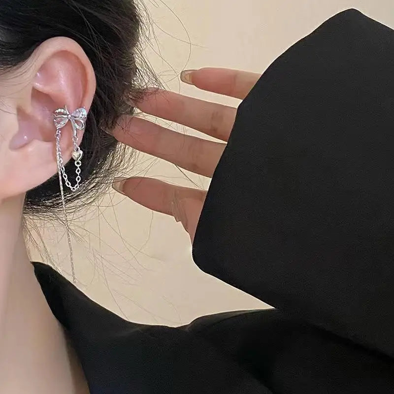 Shiny Cross Star Silver Color Crystal Tassel Cuff Ear Clip Earring