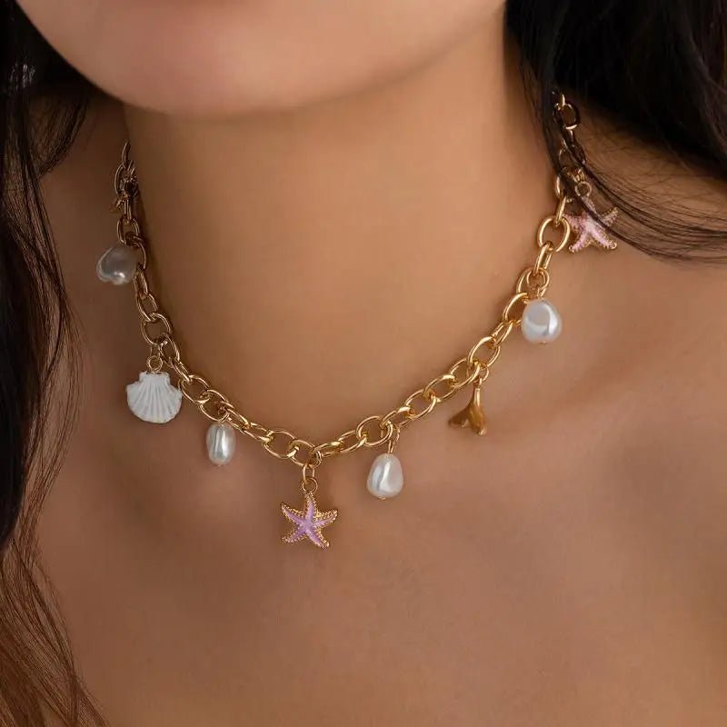 Boho Sweet Imitation Pearl Starfish Fish Tail Pendant Chokers Necklaces for Women Gold Color Clavicle Chain Summer Beach Jewelry