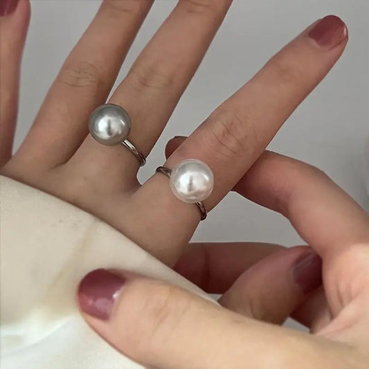 White Grey Pearls Adjustable Opening Ring Women Light Luxury Stitching Index Finger Ring Wedding Unusual Jewelry