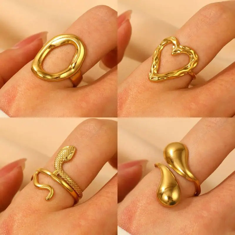 Stainless Steel Hollow Heart Snake Open Rings for Women Men Gold Color Waterproof Hollow Heart Circle Ring Party Jewelry Gift