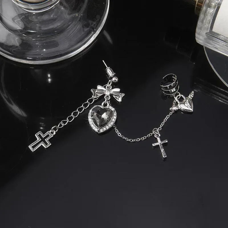 Cross Chain Black Crystal Heart Earrings Women