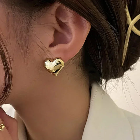 LATS Gold Color Smooth Surface Love Heart Shaped Stud Earrings