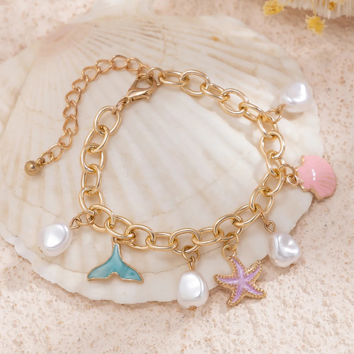 Boho Sweet Imitation Pearl Starfish Fish Tail Pendant Chokers Necklaces for Women Gold Color Clavicle Chain Summer Beach Jewelry