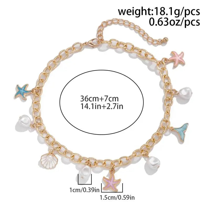 Boho Sweet Imitation Pearl Starfish Fish Tail Pendant Chokers Necklaces for Women Gold Color Clavicle Chain Summer Beach Jewelry