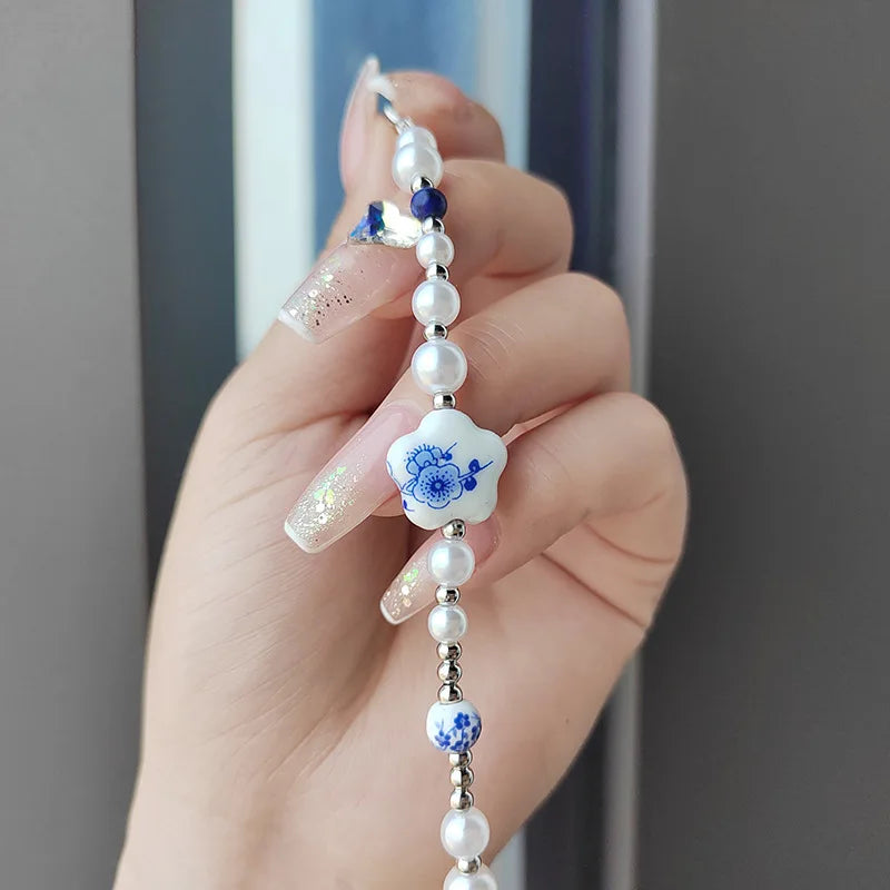 Adjustable Pearl Blue White Beaded Bracelets for Girls Ceramics Flower Pendant Charm Bracelets Pottery and Porcelain Jewelry