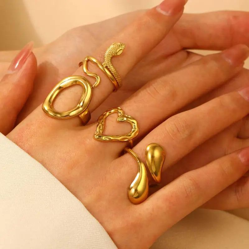 Stainless Steel Hollow Heart Snake Open Rings for Women Men Gold Color Waterproof Hollow Heart Circle Ring Party Jewelry Gift