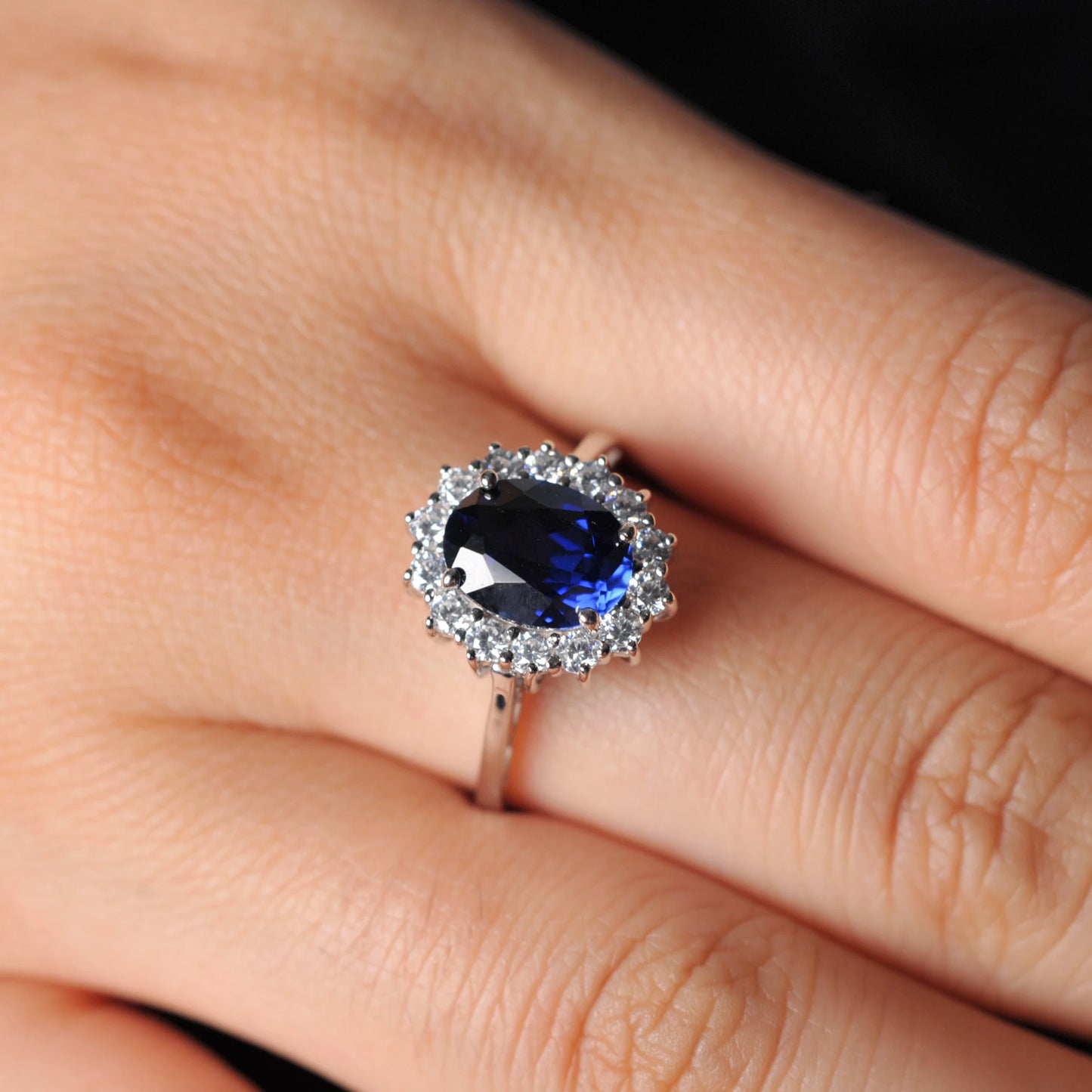 Potiy Halo Rings for Women Created Blue Sapphire Nano Emerald Red Ruby Princess Diana