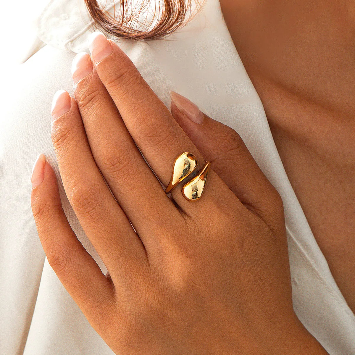 Vintage Gold Plated Glossy Double Water Drop Alloy Rings