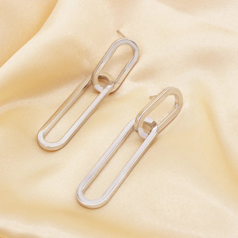 Creative Geometric Paper Clip U Shape Ear Buckle Hoops with Thread Geometric Hollow Drop Statement Earrings for Women