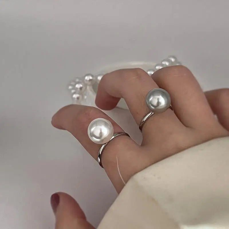 White Grey Pearls Adjustable Opening Ring Women Light Luxury Stitching Index Finger Ring Wedding Unusual Jewelry