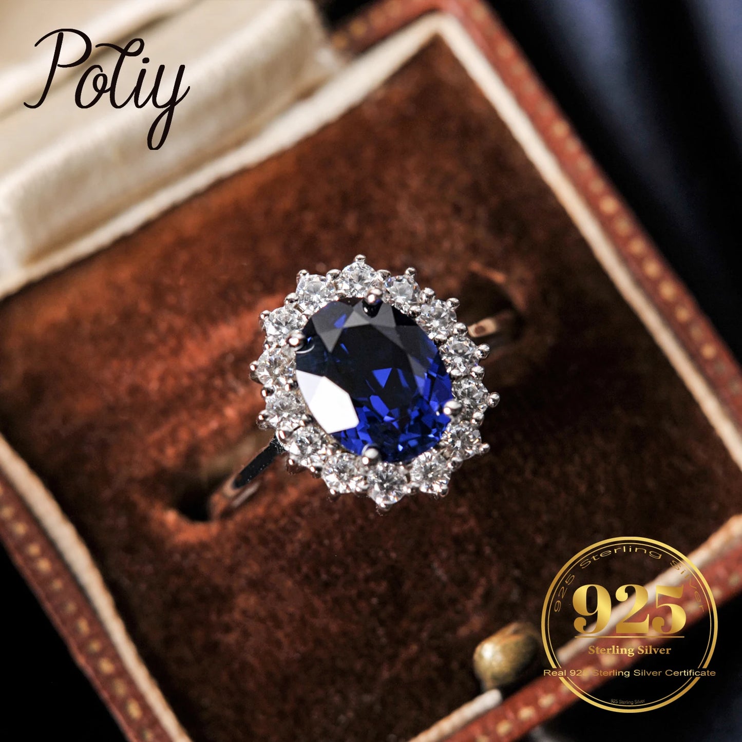 Potiy Halo Rings for Women Created Blue Sapphire Nano Emerald Red Ruby Princess Diana