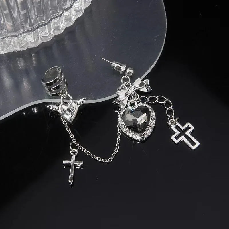 Cross Chain Black Crystal Heart Earrings Women