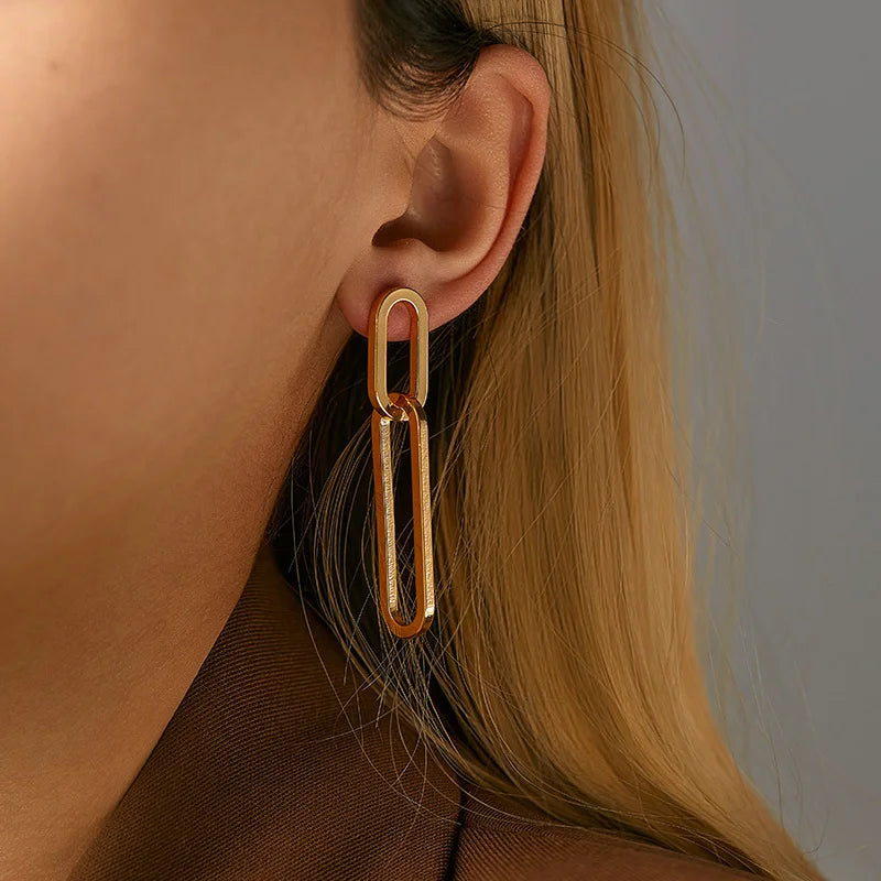 Creative Geometric Paper Clip U Shape Ear Buckle Hoops with Thread Geometric Hollow Drop Statement Earrings for Women