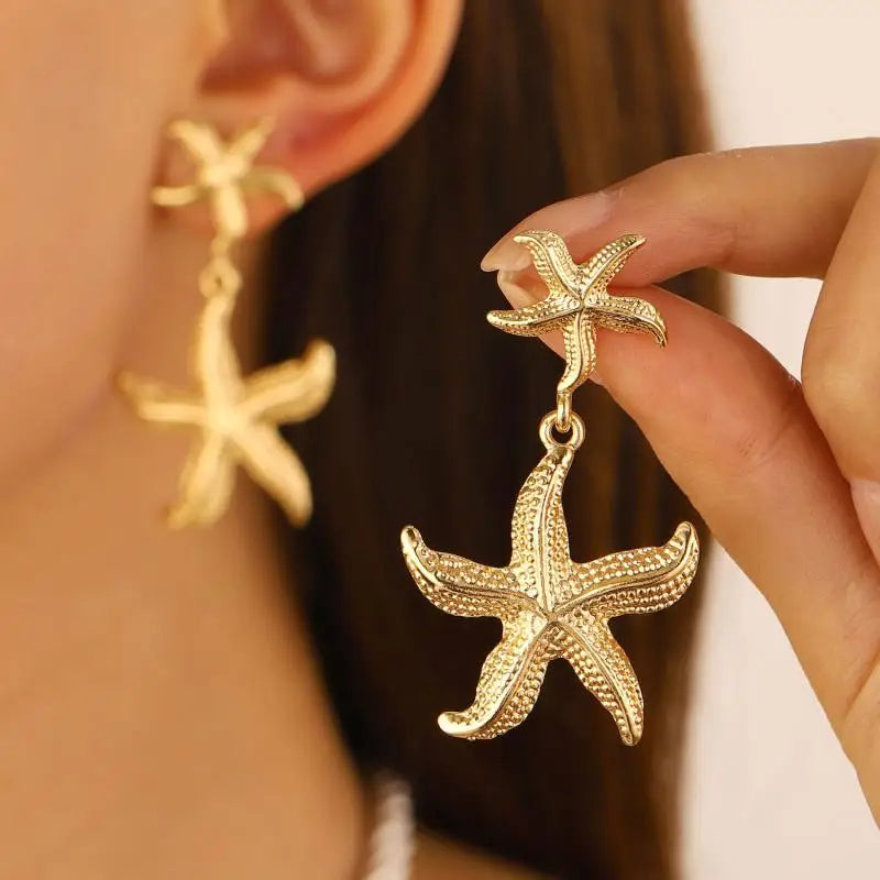 Exaggerated Boho Large Metal Starfish Stud Earrings for Women Ladies Trendy Summer Gold Color Earrings Fashion Jewelry New