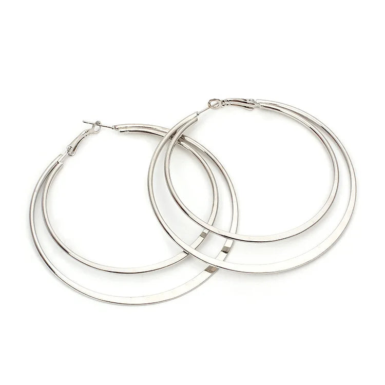 2Pc Stainless Steel Exaggerated Round Bead Hoop Earring Women Men Smooth Design Vintage Double Rings Earring Personality Jewelry