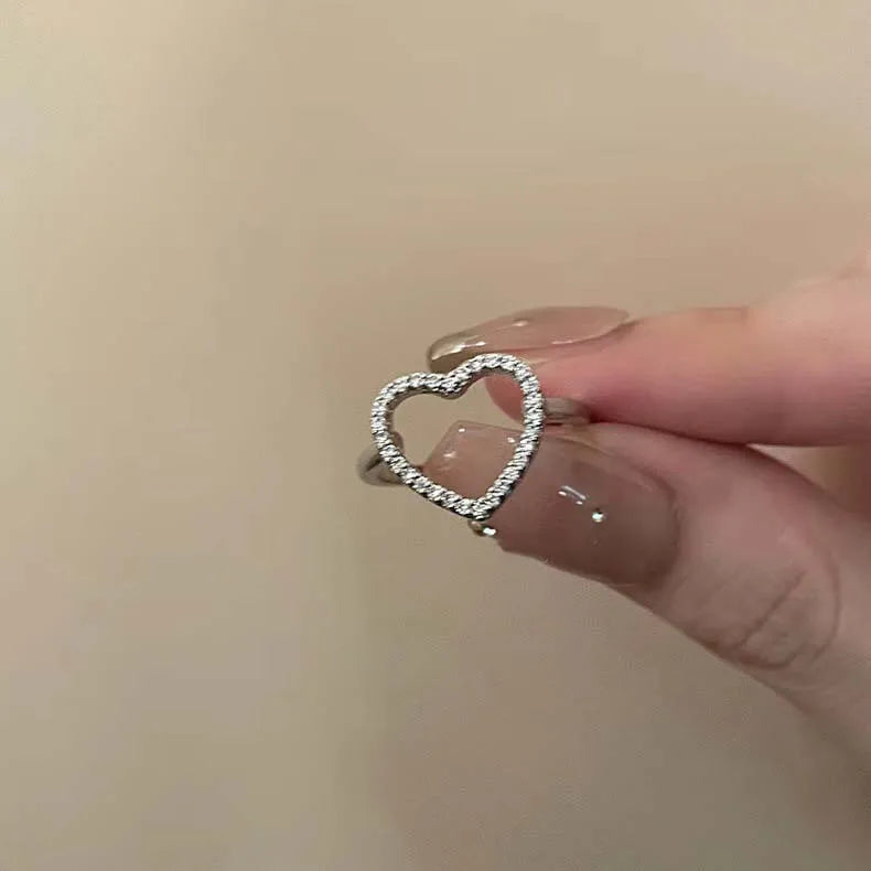 Fashion Silver Color Rhinestone Love Heart Open Ring for Women