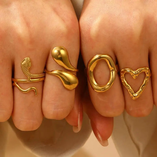 Stainless Steel Hollow Heart Snake Open Rings for Women Men Gold Color Waterproof Hollow Heart Circle Ring Party Jewelry Gift