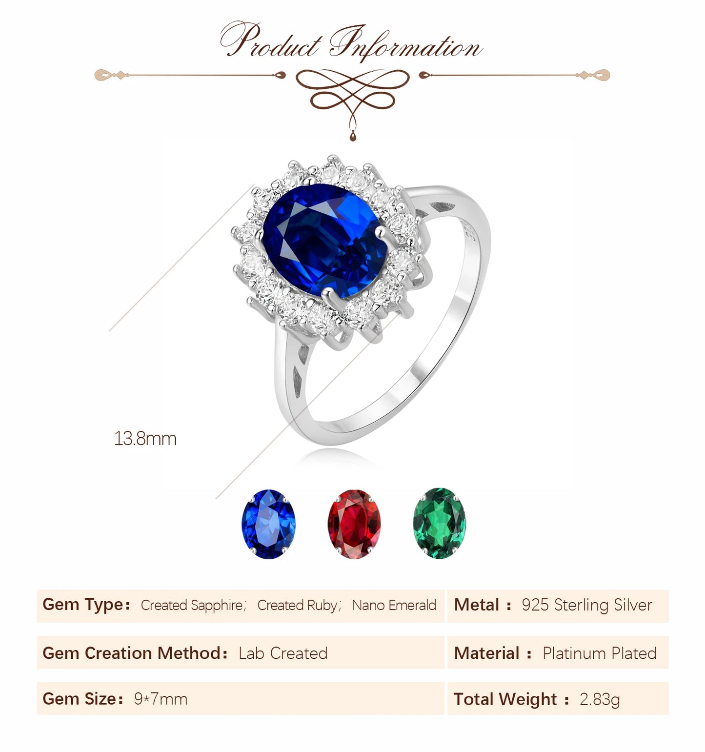 Potiy Halo Rings for Women Created Blue Sapphire Nano Emerald Red Ruby Princess Diana