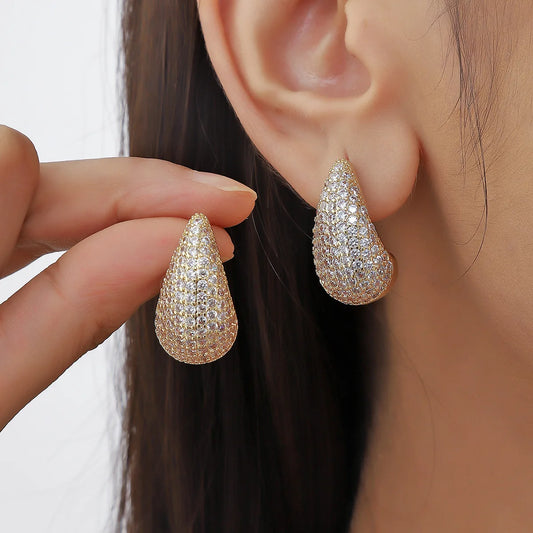 Vintage Gold Color Plated Chunky Dome Drop Earrings for Women Glossy Stainless Steel Thick Zircon Inlaid Teardrop Earring