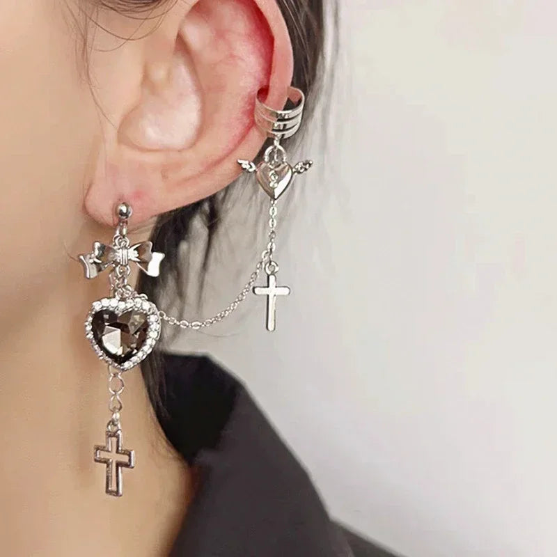 Cross Chain Black Crystal Heart Earrings Women