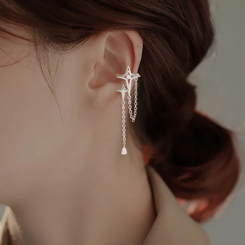 Shiny Cross Star Silver Color Crystal Tassel Cuff Ear Clip Earring