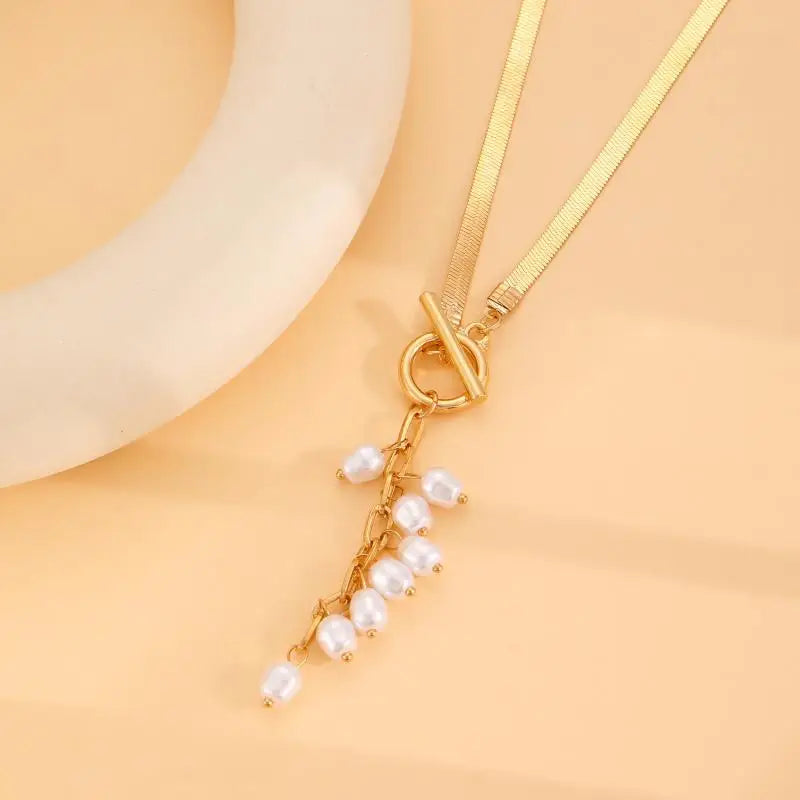 Stainless Steel Flat Snake Bone Necklace Vintage Long Tassel Imitation Pearl Necklace for Women Statement Wedding Jewelry Gift