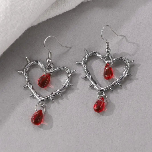 Vintage Gothic Y2K Red Crystal Heart Pendant Earrings for Women Charms Aesthetic Punk Thorn Earrings Jewelry Accessories